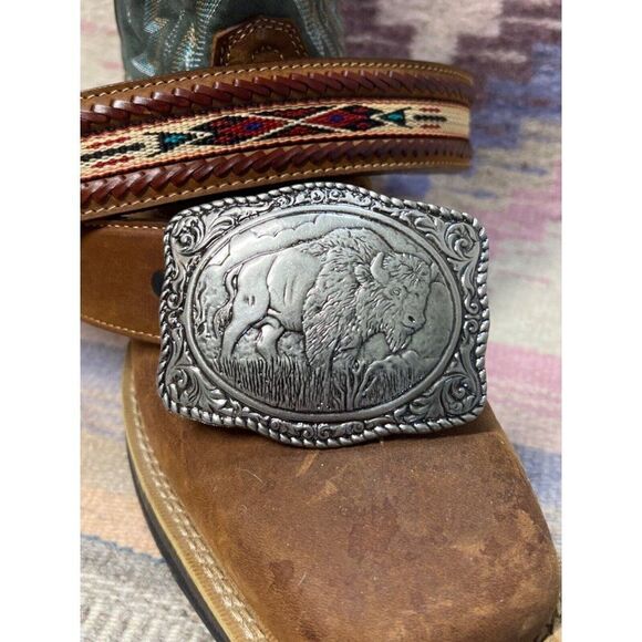 -Aztec BUFFALO CONCHO WESTERN SILVER BELT ADJUSTABLE BUCKLE MEN WOMEN LARGE - Picture 1 of 7